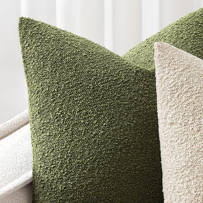 Woaboy Pack of 2 20x20 Inch Decorative Boucle Throw Pillow Covers Textured Square Pillowcaes Accent Solid Cozy Soft Cushion Covers Home Decor for Sofa Couch Living Room Home Decor,Olive Green