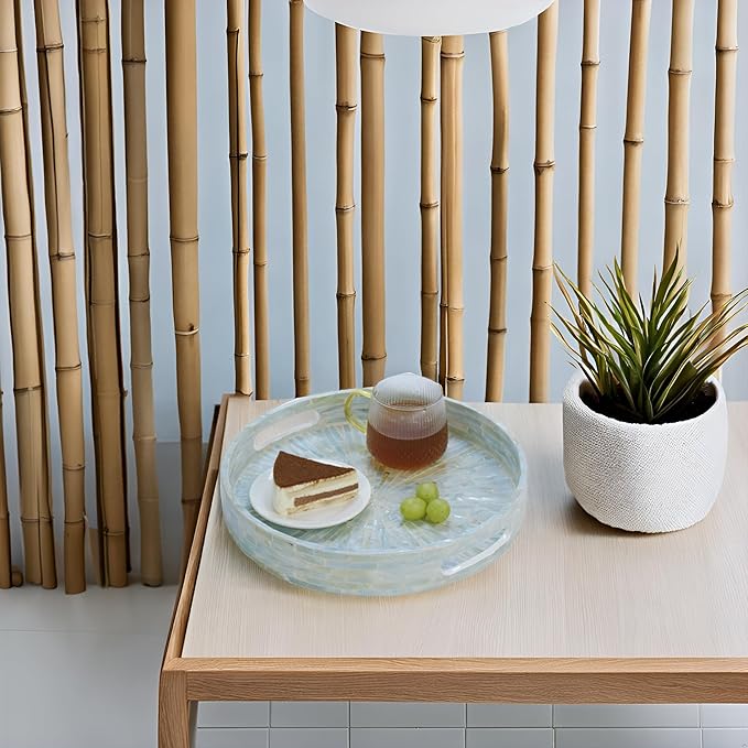 PEMAR 12.6” Mother of Pearl Round Serving Tray with Handles, Decorative Nacred Wooden Ottoman Coffee Table Tray (Teal Sunlight)