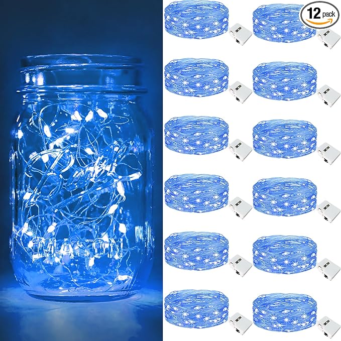 btfarm 12 Pack Fairy Lights Battery Operated [3 Modes], 7ft 20 Led Twinkle Lights String Lights Waterproof Bulk Small Mini Silver Wire for Mason Jars Vases Wedding Table Centerpiece, Blue