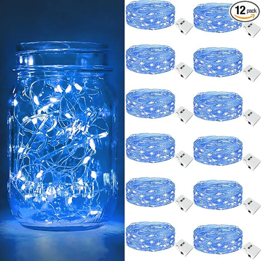btfarm 12 Pack Fairy Lights Battery Operated [3 Modes], 7ft 20 Led Twinkle Lights String Lights Waterproof Bulk Small Mini Silver Wire for Mason Jars Vases Wedding Table Centerpiece, Blue