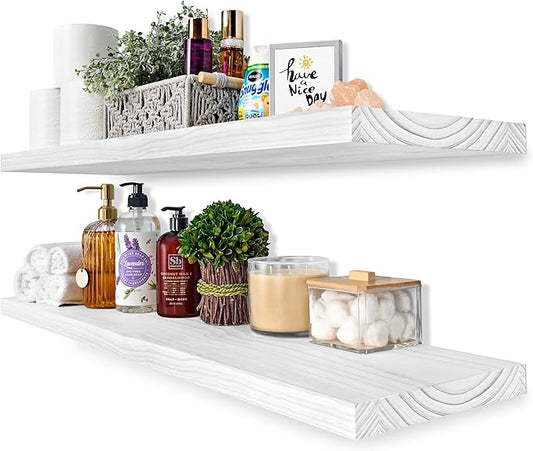 Sorbus Wood Floating Shelves for Wall - 35” Solid Wood Wall Shelves for Bathroom Decor, Books, Bedroom & Living Room - Set of 2 White Wall Mounted Kitchen Shelves - Durable Solid Pine