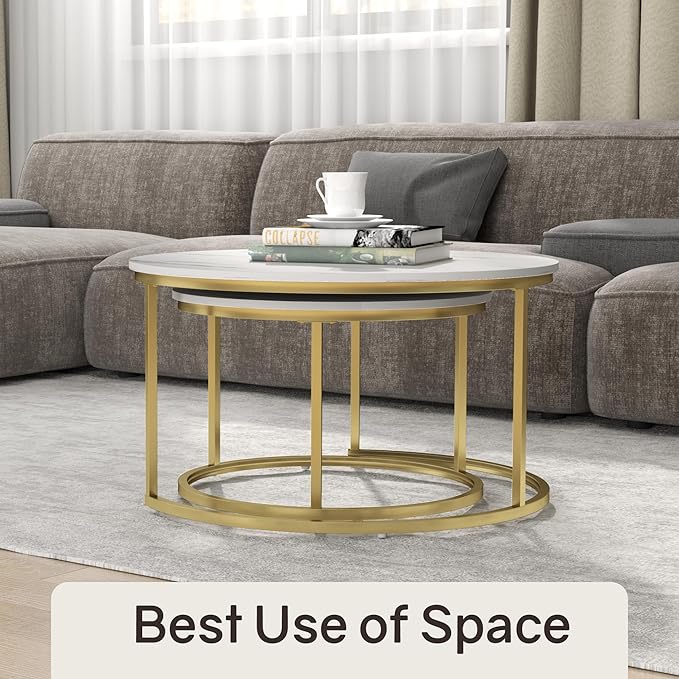 Nesting Tables Set of 2, 31.5" Round Coffee Table, Small Nesting Coffee Table with Adjustable Non-Slip Fee, White Marble Top Stack Nesting Tables Set of 2 for Living Room, Bedroom (White)