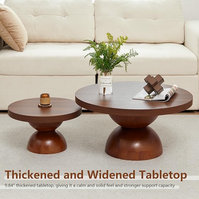 Solid Wood Round Nesting Coffee Table Set of 2, Circle Accent Tables with Unique Semi-Circular Legs, Modern Farmhouse Side End Table Set for Small Space Living Room Office (Walnut)