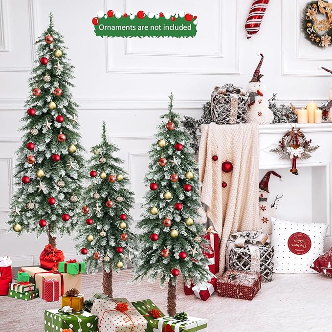 GOFLAME Set of 3 Prelit Christmas Tree, Pencil Artificial Christmas Tree 3Ft, 4Ft and 5Ft with Warm White LED Lights, Slim Christmas Trees with Snowy Leaves, Xmas Decoration Tree for Home Office Party
