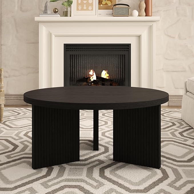 Wooden Round Coffee Table, 35" Coffee Table with Smooth Thick Mesa, Low Circle Center Table with X Shaped Stable Legs, Accent Tea Table for Living Room, Office, Black