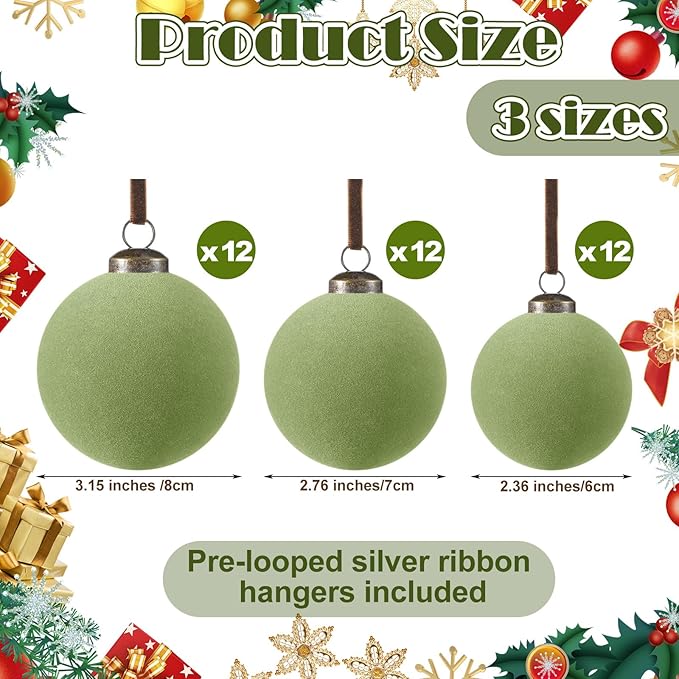 36 Pcs Velvet Christmas Balls Bulk - Flocked Christmas Tree Ball Ornaments Hanging Decoration for Xmas Tree, Wreath, Home or Party Decorations, 2.36", 2.76", 3.15" (Green)