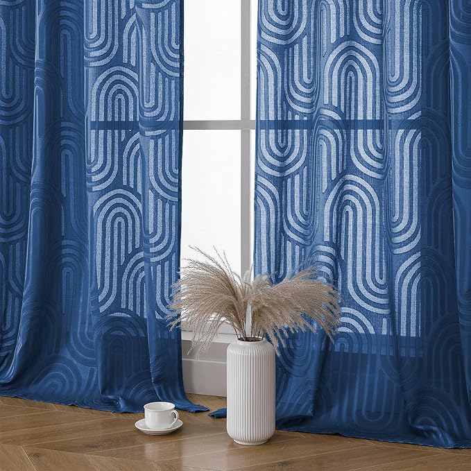Simplebrand Dusty Blue Sheer Curtains 96 Inches Long 2 Panels for Living Room, Jacquard Clip Textured Geometric Mid Century Sheer Curtains, Light Filtering Elegant Long Curtains Sheer, 42" Wx96 L