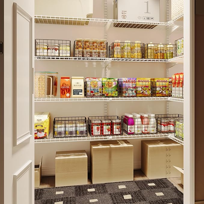 X-cosrack Metal Wire Basket Pantry Baskets Foldable Cabinet Organizers with Handles-6 Pack-12"x9"X6", Food Storage Freezer Organizer Bins for Kitchen Bathroom Laundry Closet Garage - Patent Design