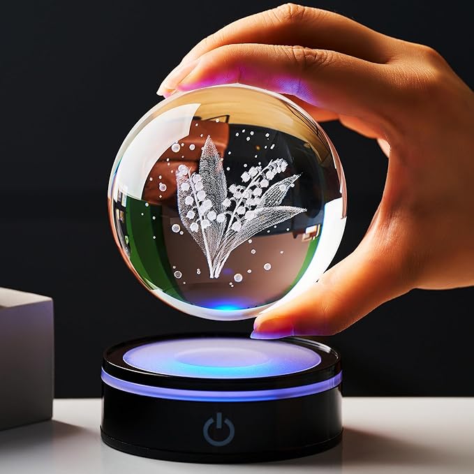 3D Linglan Flower Statue, Colorful LED Base, Suitable for Friends, Teachers, Mothers, Birthdays, Friends, Colleagues, Wives as Gifts, Linglan Flower Decorative Glass Ball as a Love Desktop Gift