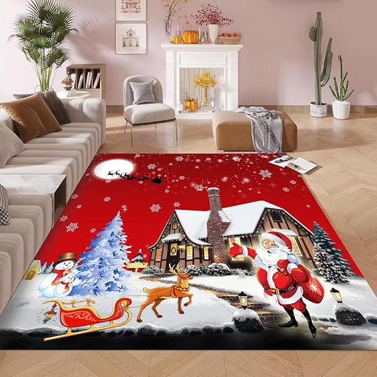 kxry Area Rugs 5X7 Feet, Merry Christmas Soft Machine Washable Area Rugs Santa Claus Deer Christmas Tree Snowman Non Slip Foldable Floor Carpet for Living Room Bedroom Dining Room Dorms