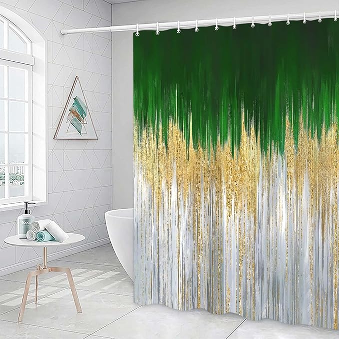 JAWO Abstract Green Shower Curtain, Lake Blue Boho Ombre Minimalist Chic Art Shower Curtains, Modern Neutral Contemporary Striped Brush Strokes Tan Art Waterproof Bathroom Curtain with 12 Hooks
