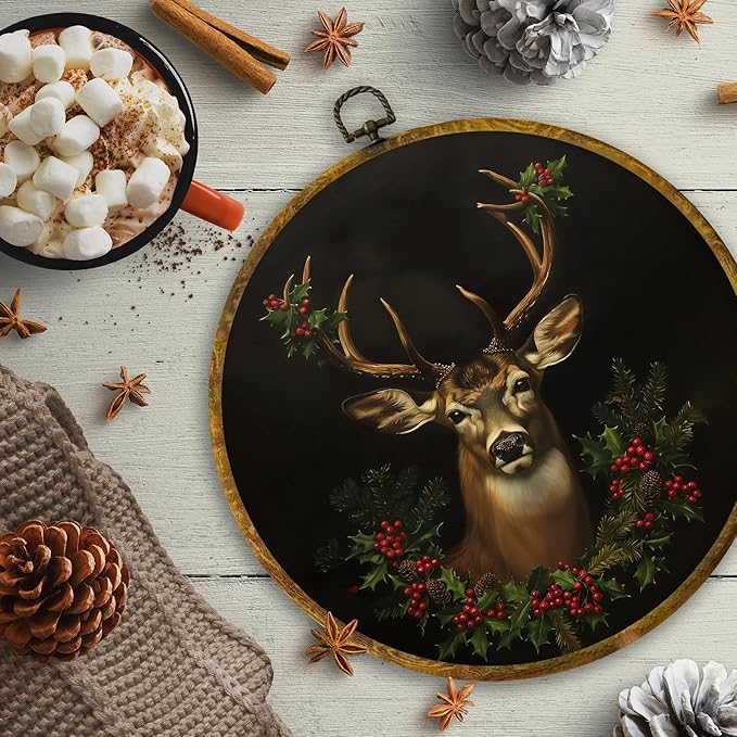 CUANFDDSF Vintage Christmas Reindeer Round Wall Art Decor, Rustic Dark Moody Xmas Reindeer Holiday Wall Hanging Frame Decor, Gothic Christmas Canvas Prints Decorations for Home Bedroom, 10x10 Inch