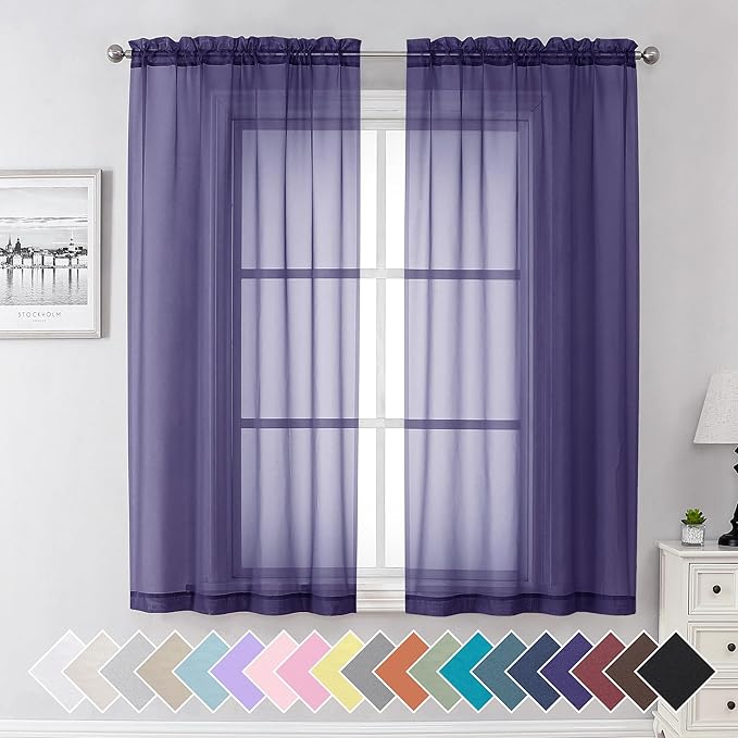 Aiyufeng Purple Sheer Curtains 63 Inch Length 2 Panels Set, Light Filtering Airy Rod Pocket Purple Window Curtain Treatment Drapes for Kitchen Bedroom Living, Each 40Wx63L Inches