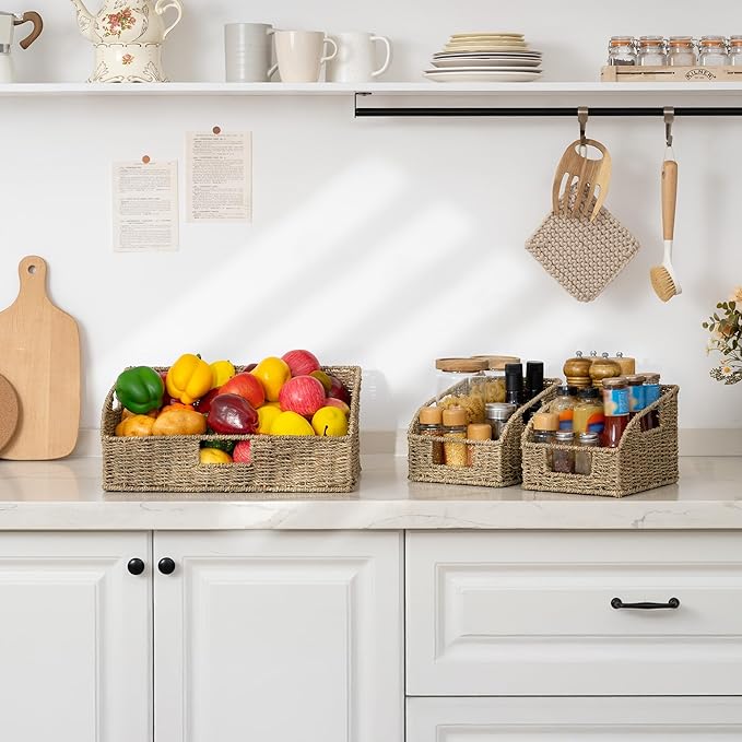 StorageWorks Seagrass Pantry Storage Baskets, Wicker Baskets with Built-in Handles, Handwoven Shelf Baskets for Organizing, Pantry Organizers and Storage, 3 Pack