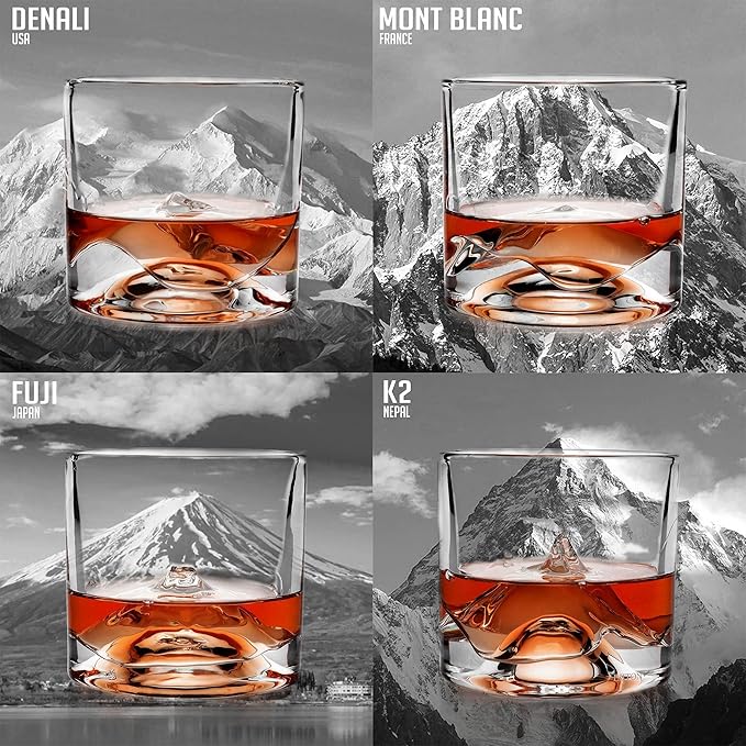 LIITON The Peaks Heavy Crystal Whiskey Glasses Gift Set of 4, Thick Freezable Bourbon Glass 1lb Each, Premium Whiskey Gifts for Men, Frozen Crystal Chills Cocktails, 10 oz