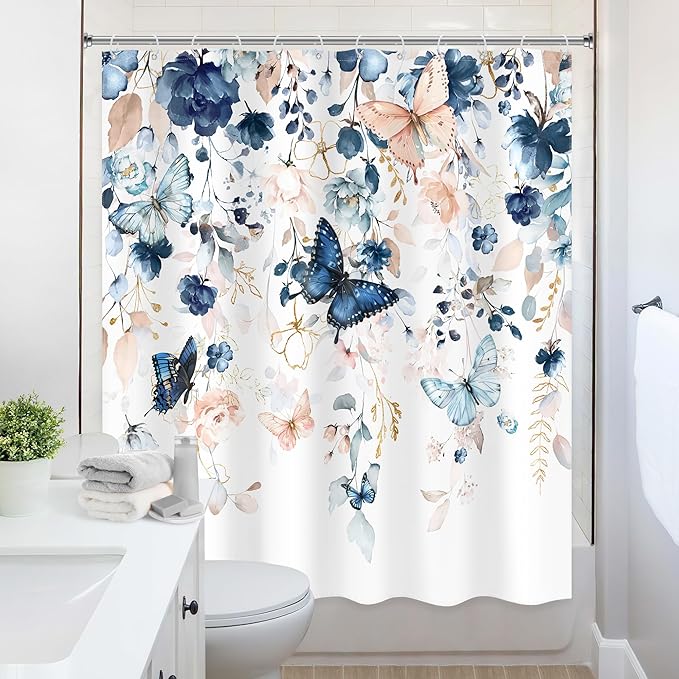 Blue Pink Floral Butterfly Shower Curtain 60Wx72L Inch Spring Summer Plant Natural Botanic Gold Green Leaves Bathroom Set Elegant Country Woman Girl Bath Curtain Bathtub Accessories Home Decor