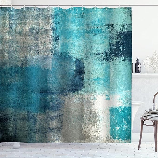 Teal Blue Shower Curtain Turquoise and Grey Modern Abstract Art Painting Bathroom Curtains Waterproof Polyester Fabric Bathroom Curtain 72 x 72 Inch with 12 Hooks