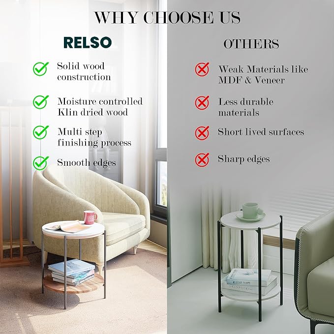 Lyra Round Marble End Table – Solid Acacia Wood Shelf, Open Storage Side Table for Living Room, Bedroom, Entryway, Small Spaces – Nightstand, Plant Stand, Modern Accent Table with Metal Frame