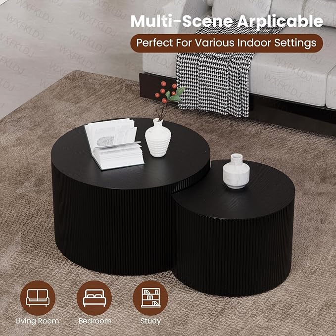 Nesting Coffee Table Set of 2 Modern Round Coffee Table with Non-Slip Feet Wood Drum Circle Accent Tables End Table Set for Living Room Bedroom Office (Black Crescent Set)