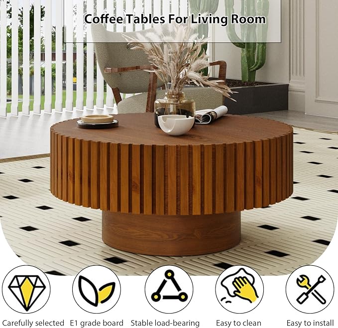 Round Fluted Coffee Table Mid Century Modern Coffee Tables with Handcrafted Relief Circle Drum End Table Rustic Industrial Center Tables for Apartment Living Room (Wood Round)