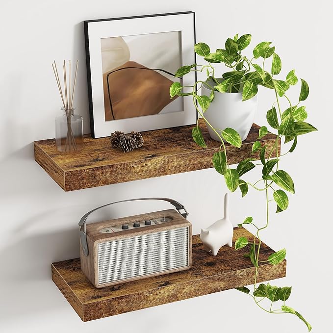 Deep Floating Shelves - 16" W x 9" D x 1.6" H Rustic Brown Wall Shelf - Wall Mounted Shelves for Decor & Storage - Wooden Shelves with Invisible Brackets for Living Room, Kitchen - Set of 2