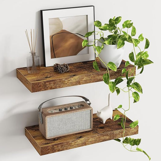 Deep Floating Shelves - 16" W x 9" D x 1.6" H Rustic Brown Wall Shelf - Wall Mounted Shelves for Decor & Storage - Wooden Shelves with Invisible Brackets for Living Room, Kitchen - Set of 2