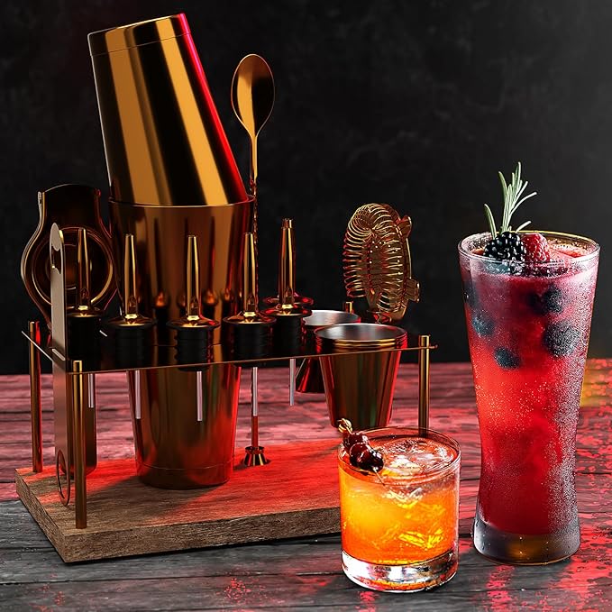 Bar Set Cocktail Shaker Set Bartender Kit, 17 Piece Gold Cocktail Set, Mixology Bartender Kit with Wood Stand, Steel Cocktail Kit, Bar Accessories: 30oz Martini Shaker, Muddler, Cocktail Book & More