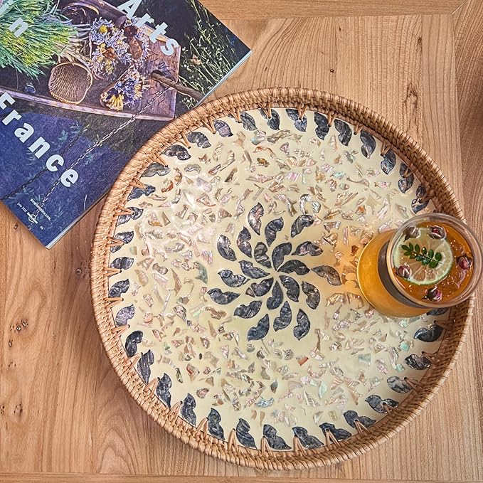 14" Large Rattan Serving Tray with Mother of Pearl, Round Coffee Table Tray Decor, Boho Decorative Hand-Woven Wicker Home Decor (Lucky Flower)