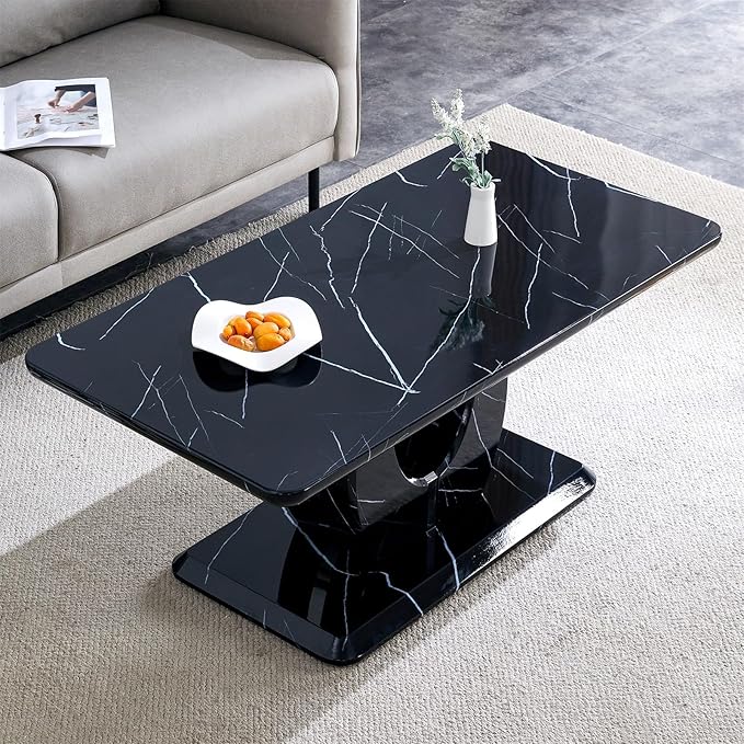 LKTART Rectangle Coffee Table for Living Room, Imitation Marble Coffee Tables with Storage, Modern Stable Base Center Tea Table for Dining Room Small Space Apartment (43.3''L×22.4''W-Black)