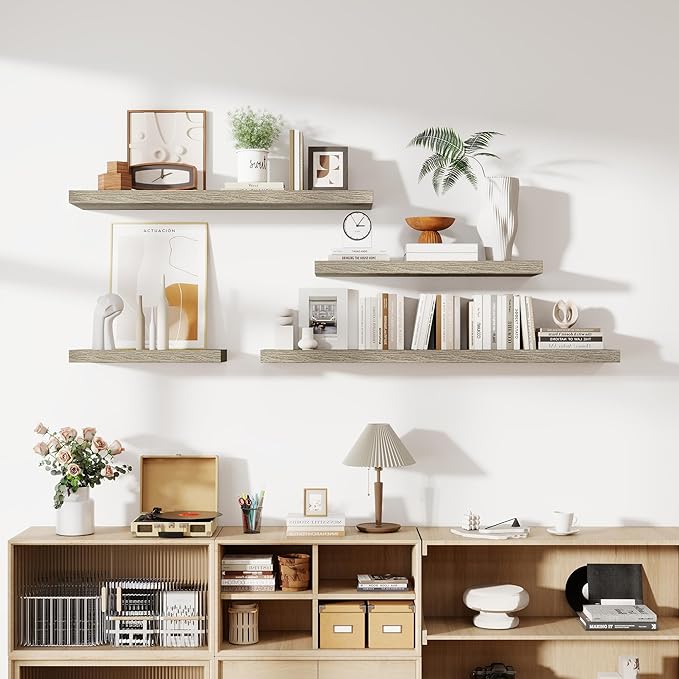 24 Inch Floating Shelves, 12 Inch Deep Floating Shelves for Wall, Floating Shelf with Invisible Brackets, Deep Shelves for Bathroom, Bedroom, Living Room, 2 Pack, Vintage Gray Oak