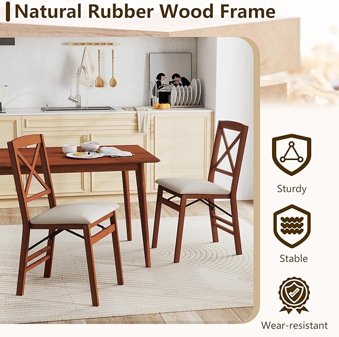 COSTWAY Folding Dining Chairs Set of 4, Upholstered Wooden Dining Room Chairs with X-Shaped Back, 400LBS Capacity and Solid Wood Frame for Kitchen Apartment (Brown & Beige)