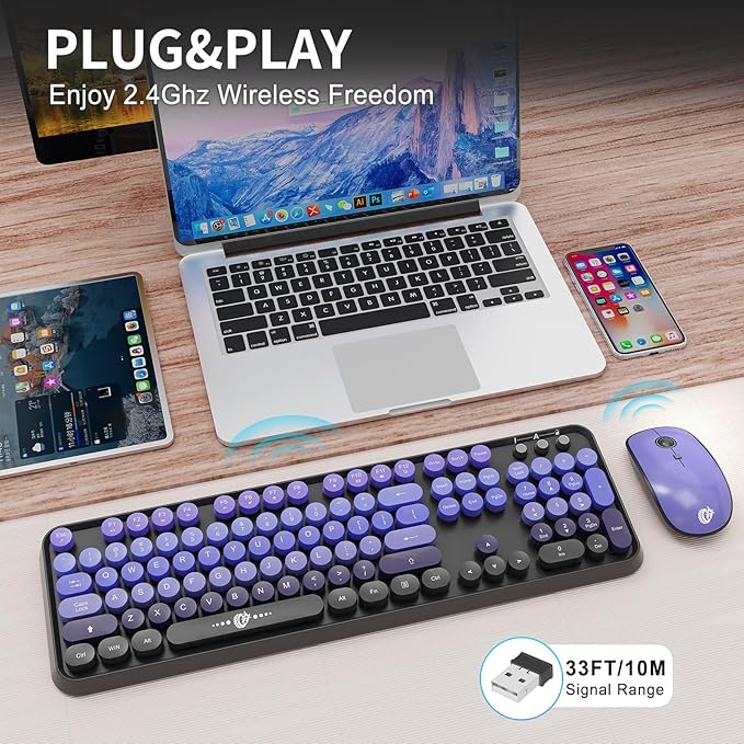 FD Wireless Keyboard and Mouse Combo | Cute Colorful Keyboard and Mouse with 2.4GHz Cordless Retro Typewriter Keyboard | Auto-Sleep | USB Receiver for Windows PC/Laptop - Black Purple Gradient