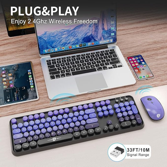 FD Wireless Keyboard and Mouse Combo | Cute Colorful Keyboard and Mouse with 2.4GHz Cordless Retro Typewriter Keyboard | Auto-Sleep | USB Receiver for Windows PC/Laptop - Black Purple Gradient