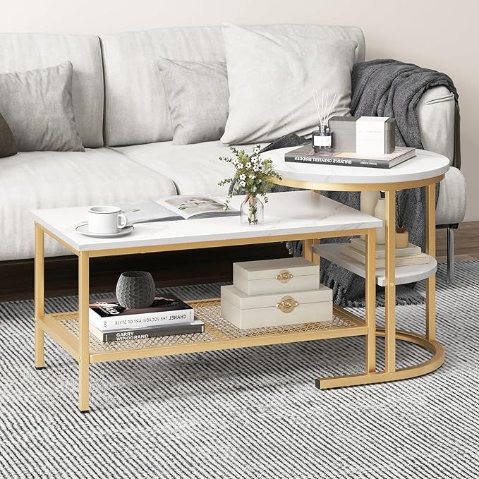 GOFLAME Nesting Coffee Table Set of 2, 2 PCS Nesting Tables with Faux Marble Top and Extra Storage Shelf, Modern Round End Table & Rectangular Coffee Tables for Living Room, Bedroom, Gold+White