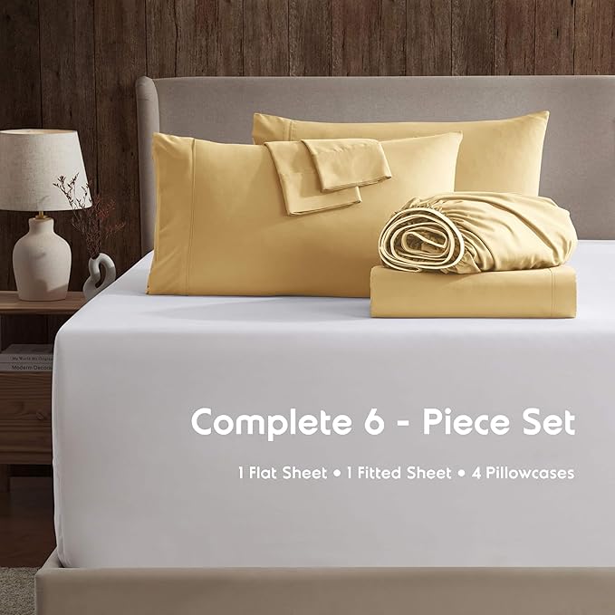 Nestl Extra Deep King Sheet Set - 6 Piece Breathable & Cooling Sheets - Hotel Luxury Bedding Set w/18-24 Inch Deep Pockets - Easy & Secure Fit - Super Soft, Wrinkle Free & Comfy - Camel Gold