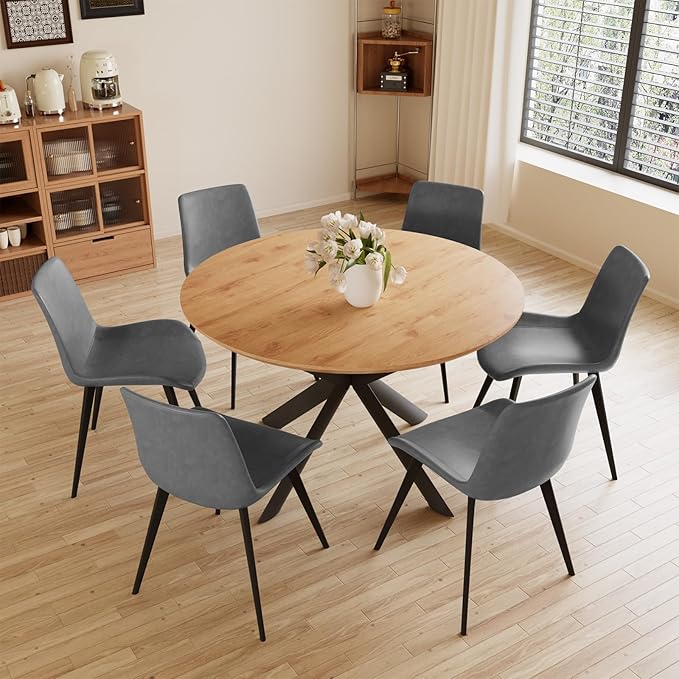 43.2"-59.1" Extendable Round Dining Table Set of 7, Round Kitchen Table with Thickened MDF Board, Oak Coffee Table,Steel Legs