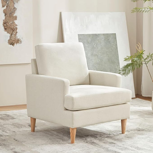 VKNOW Mid-Century Accent Chair, Modern Upholstered Chenille Armchair for Living Room,Comfy Reading Accent Chairs with Wood Legs for Bedroom, Beige Polyester