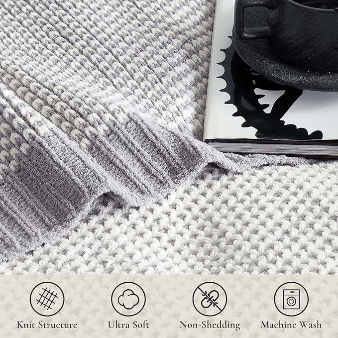 Amélie Home Honeycomb Knit Throw Blanket for Couch, Dual-Sided Soft Chenille Decorative Blankets for Sofa & Chair, 50"x60", Gray & White