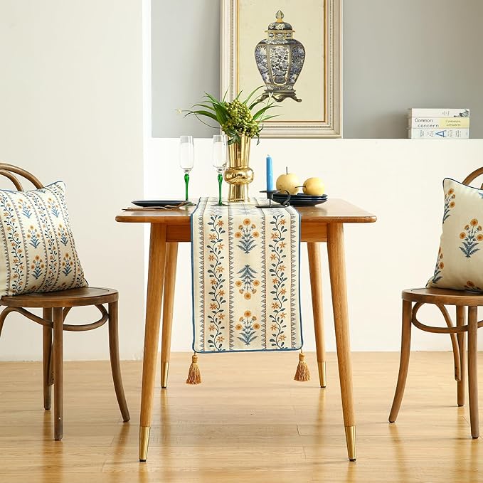 ISAENNE Designer Pale Yellow Elegant Linen Table Runner 71 Inches Long,French Floral Pattern Elegant Table Runners for Dining Tables,Thanksgiving,Kitchen Tables,Christmas,12"*71"-Estevan A