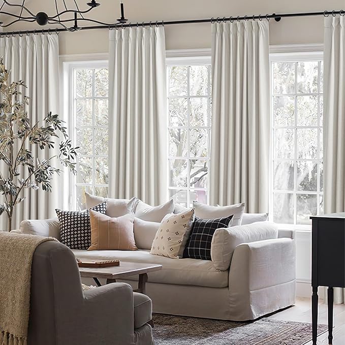 102 Inch Long Curtains Blackout for Bedroom 80 Inches Wide Total Each 40 2 Panels Pinch Pleated Linen Neutral Modern Farmhouse Style Window Drapes for Living Room Back Tab (Beige Ivory)