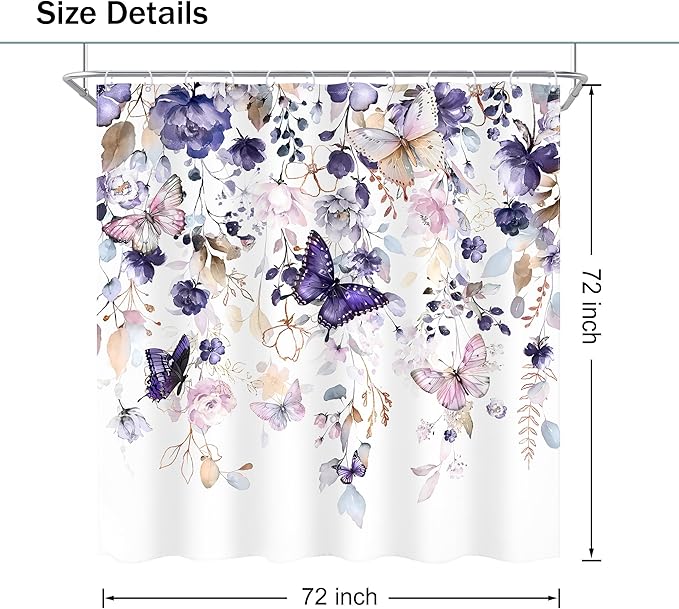 Purple Floral Butterfly Shower Curtain 72Wx72L Inch Summer Spring Plant Natural Gold Leaves Botanical Bathroom Set Girl Woman Elegant Country Bath Curtain Bathtub Accessories Home Decor