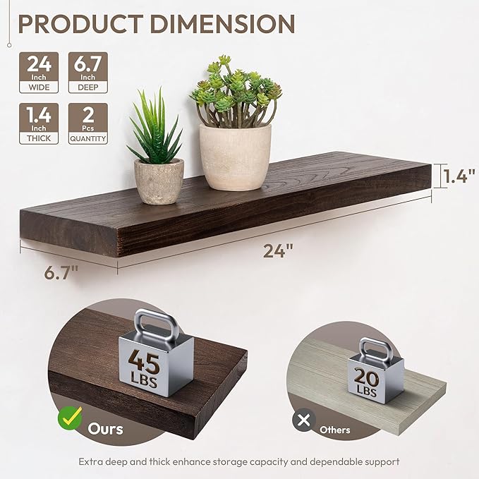 Marsmiles 24 inch Floating Shelves for Wall Solid Elm Wood Shelves|Rustic Wall Shelves with Invisible Heavy-Duty Bracket for Bathroom Living Room Kitchen|Walnut, 2 Pack