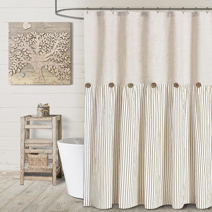 Awellife Farmhouse Beige Shower Curtain Button Linen Textured Woven Fabric,Pleated Beige Stripe,Country Style,72" W x 84" L