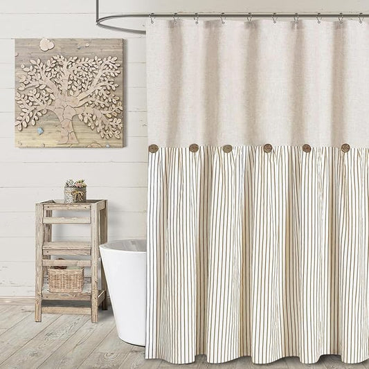 Awellife Farmhouse Beige Shower Curtain Button Linen Textured Woven Fabric,Pleated Beige Stripe,Country Style,60" W x 72" L