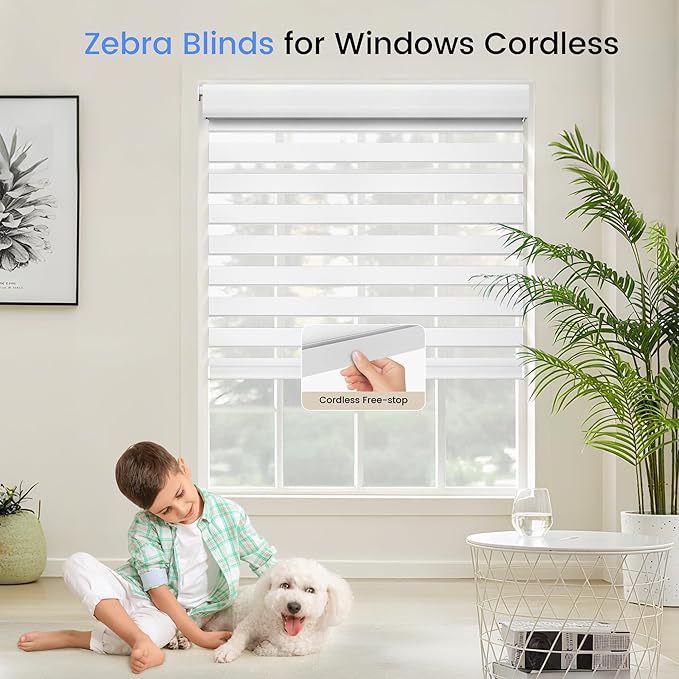 Grandekor No Drill Zebra Blinds for Windows,Cordless Zebra Shades Dual Layer, Pull Down Roller Shades Free-Stop,Custom Sizes,Textured White,Easy to Install for Home, Office, Bedroom