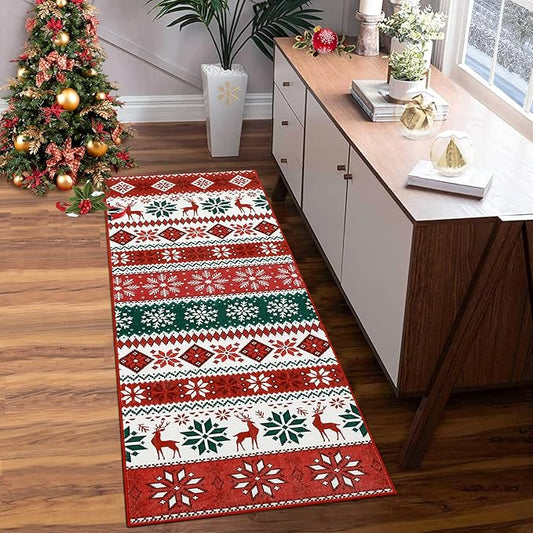 Hallway Runner Rug for Holiday 2x10 Non Slip Christmas Kitchen Runner Rugs Stain Resistant Low Pile Boho Xmas Decor Long Area Rugs Christmas Snowflakes Runners Carpet for Bedside Living Room, Red