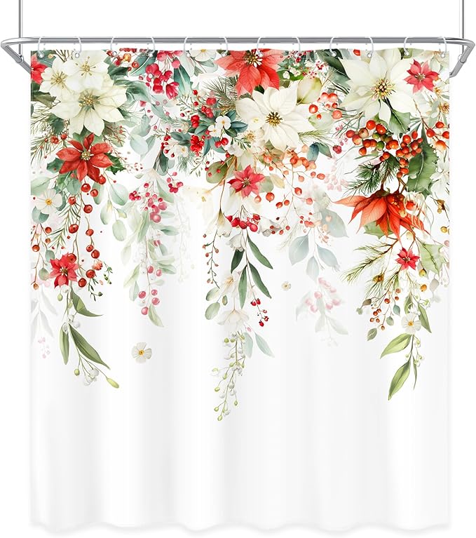 Christmas Shower Curtain 60Wx72L Inch Red Floral White Xmars Flowers Poinsettias Winter Holiday Bathroom Set Happy New Year Plant Watercolor Bath Curtain Bathtub Accessories Home Decor