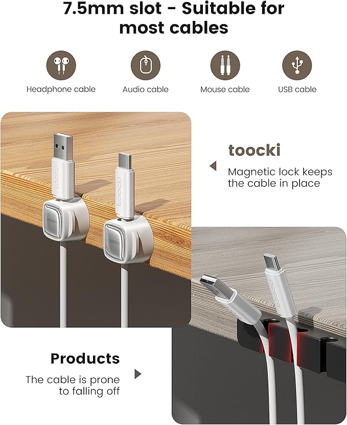 12 Pack Magnetic Cable Clips – Cord Organizer & Holder, Toocki Adhesive Cable Management, Wire Holder for USB Charging Cables, Ideal for Home, Office, Car, Desk, and Nightstand-White