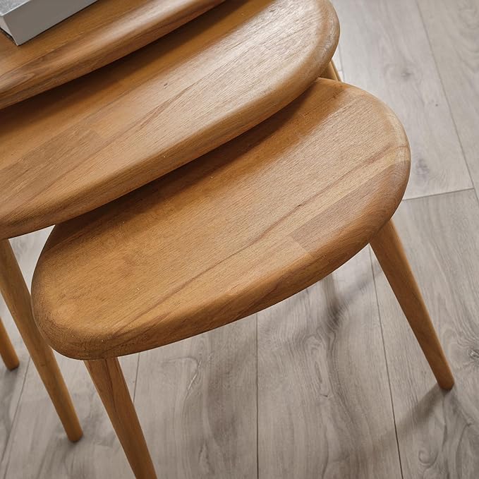 Solid Wood Nesting Coffee Table Set of 3 - Mid Century Modern Pebble Tables with Tapered Legs – Wooden Home Furniture in a Retro Style (Oak)