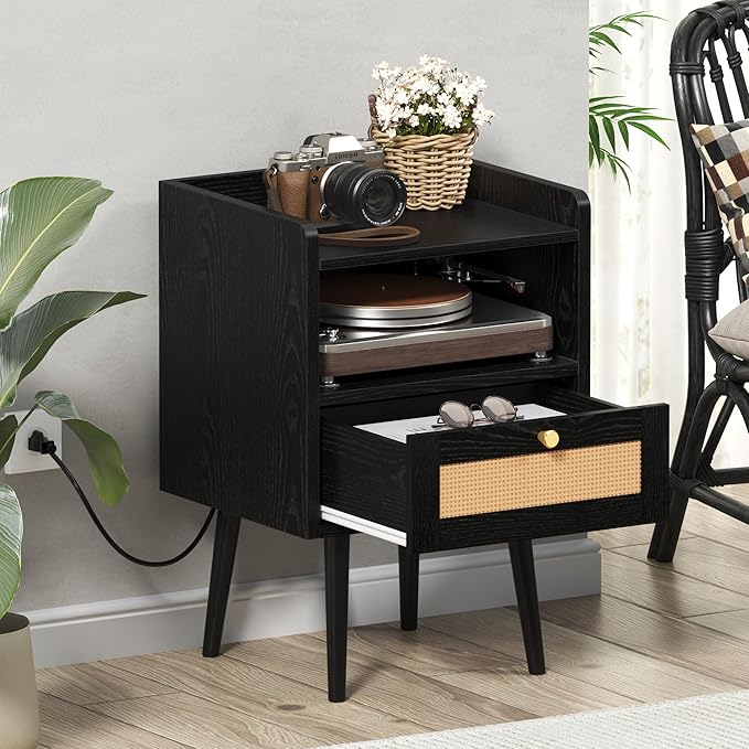 Rattan Nightstand with Charging Station, Mid Century Modern Bed Side Table with Drawer Open Shelf, Boho End Table with Solid Wood Legs,Bedside Tables for Kids' Room Farmhouse Bedroom Living Room Dorm